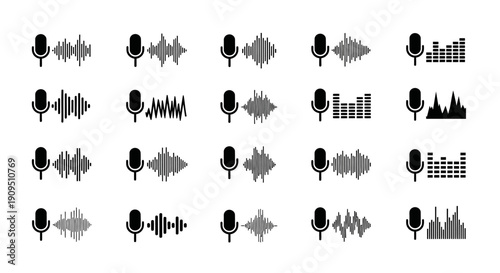 Collection of various sound wave and microphone icons in different styles and shades of gray