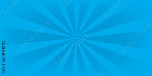 Comic background. Pop art texture. Starburst cartoon style. Anime design with explosion effect for print. Fun dot pattern. Blue backdrop with halftone gradient.