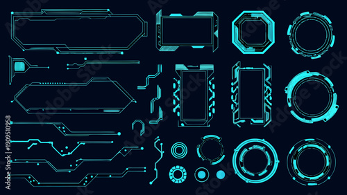 Futuristic user interface elements in vibrant teal on a dark background