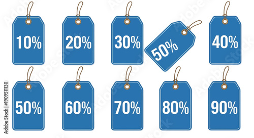 Collection of blue discount tags with varying percentage values on a clean white background viewed from directly above