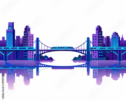 A vibrant stylized cityscape featuring a suspension bridge and train