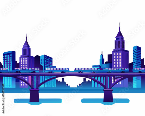 A vibrant stylized cityscape featuring a bridge and modern buildings