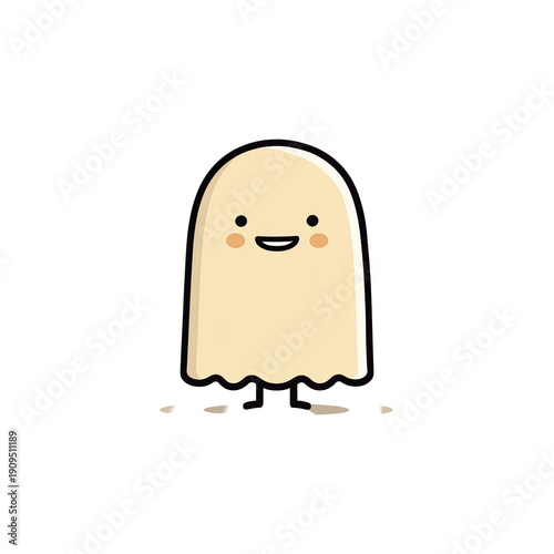 Cute cartoon ghost character with a smiling face and small legs on a solid black background