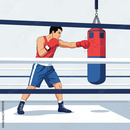 Man wearing boxing gloves punches bag.