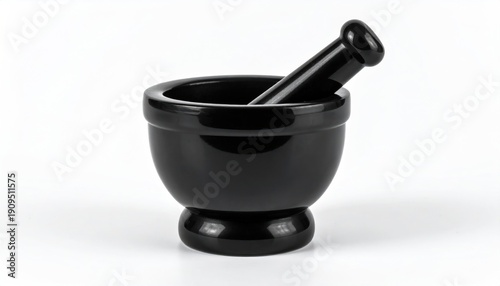 Black Mortar and Pestle on White Background for Grinding.
