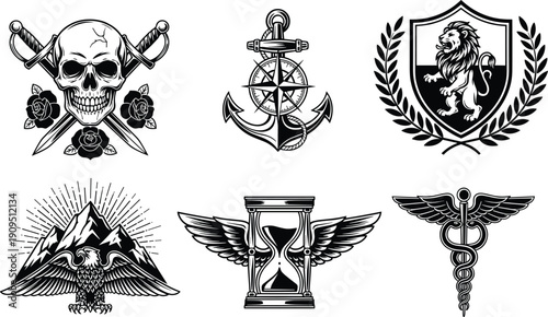 Vintage Heraldic Skull Anchor Lion Eagle Caduceus Emblem Vector Illustration Black White Tattoo Style Symbol Collection Set