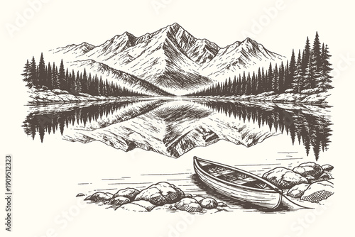 Vintage Hand Drawn Engraving Vector Illustration of a Wooden Canoe on a Rocky Shore with a Calm Lake and Symmetrical Mountain Reflection