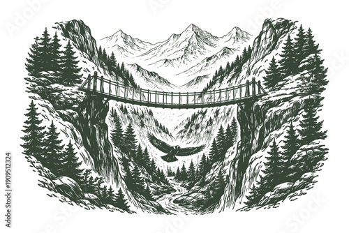 Detailed Woodcut Style Vector Illustration of a Wooden Suspension Bridge Between Cliffs with a Bald Eagle Soaring Through a Deep Mountain Valley