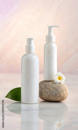 Elegant skincare bottles with a flower and smooth stone on reflective surface