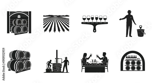 Winery and Brewery Production Icon Set Vector