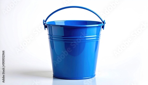 Blue metal bucket with handle on white background.