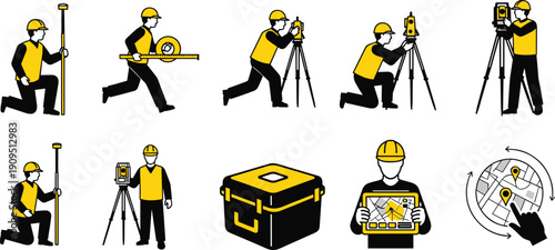 Land Surveyor Equipment Silhouette Set Vector Illustration Construction Measurement Tools and GPS Mapping Technology Black Yellow Collection