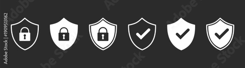 Security shield with padlock icons vector illustration set in flat monochrome style