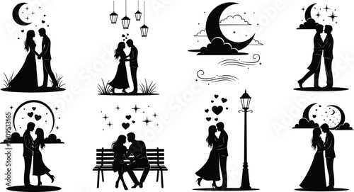 Romantic couple silhouette collection featuring lovers under the night sky with moon stars and street lamps for wedding designs