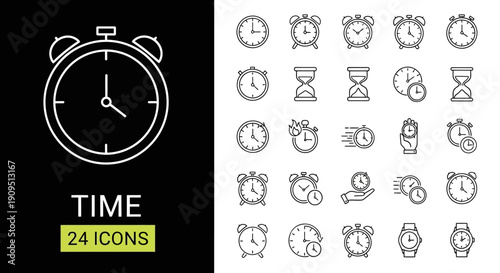 Set of 24 time and clock icons in various styles and designs displayed on a contrasting background