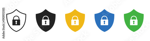 Shield security padlock icons vector illustration set in flat style isolated on transparent background