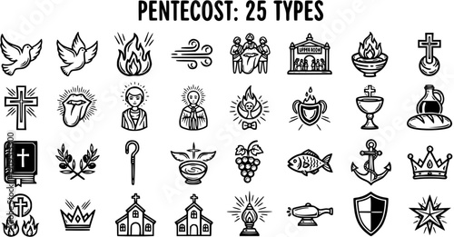 Pentecost Symbols: 25 Types, Black and White Line Art Religious Icons, Christian Vector Graphics