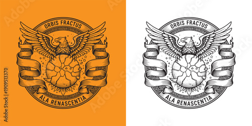 Majestic Eagle with Wings Spread Above Cracked Globe Orbis Fractus Emblem