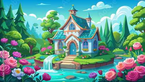 A serene fantasy house surrounded by lush greenery and vibrant flowers.