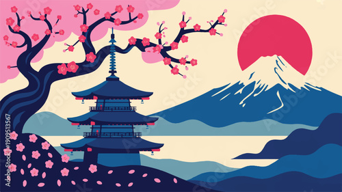 A stylized digital illustration of a Japanese landscape featuring a traditional pagoda and Mount Fuji (1)_traced