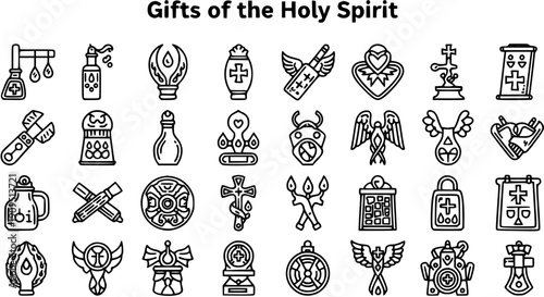Christianity Gifts of the Holy Spirit Black  White Line Art Icons Set. Doodle Style Religious Symbols and Spiritual Concepts for Faith  Theology.
