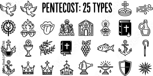 Pentecost Christian Symbols Line Art Icons Set - Holy Spirit Dove Bible Cross Church