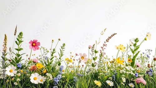 A vibrant display of wildflowers in a field, showcasing a variety of colorful blooms against a white background.