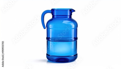 Blue Plastic Pitcher with Water on White Background.