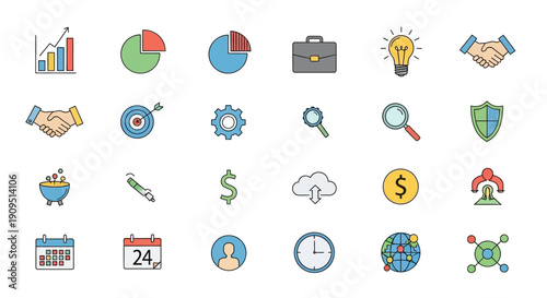 Collection of modern business icons representing data analysis, finance, and productivity tools in a flat design style