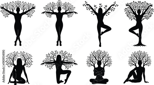 Woman Yoga Tree Silhouette Collection Vector Illustration Black and White Meditation Nature Pose Set