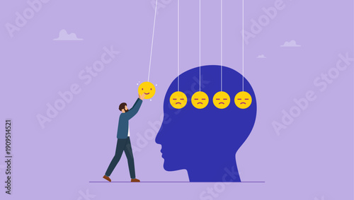 Man holding smile face pendulum ball to hit other sad faces. Optimistic, happiness or positive thinking inspire other people happy, emotional intelligence or balance between happiness and sadness.