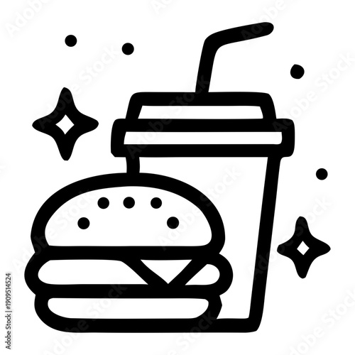 Line art illustration of burger and drink with decorative elements
