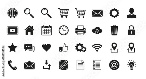 Collection of various black icons representing online actions and digital concepts displayed on a clean white background viewed from directly above