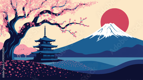 A stylized digital illustration of a Japanese landscape featuring a traditional pagoda and Mount Fuji (4)_traced