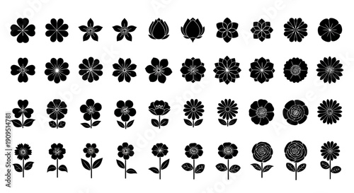 Collection of thirty black floral silhouettes in various styles and arrangements on a plain background, original eps file reference (126).eps