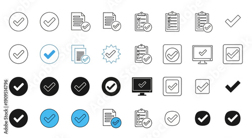 Collection of checkmark icons in various styles and formats displayed on a neutral background from a straightforward viewpoint