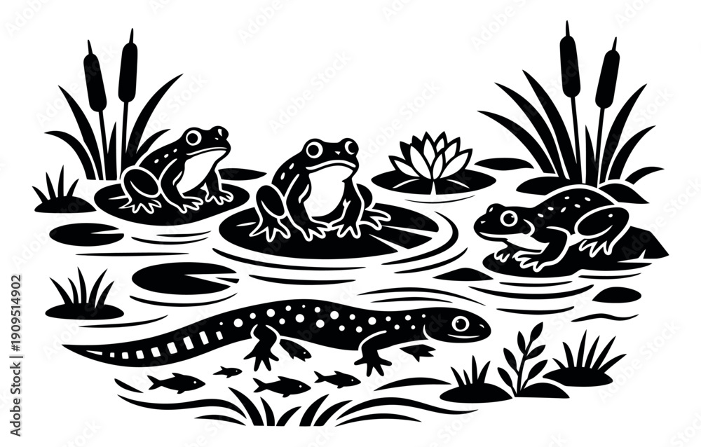 Fototapeta premium Monochrome graphic illustration of a pond scene depicting frogs, a salamander, and fish in their natural habitat for wildlife themes