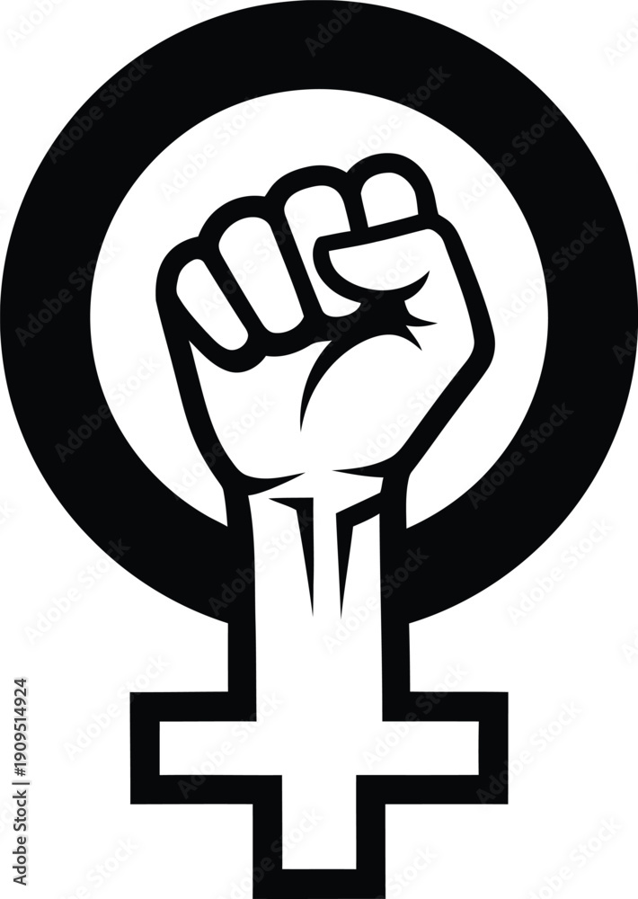Fototapeta premium Feminist symbol with raised fist for women empowerment or protest isolated on checkered background