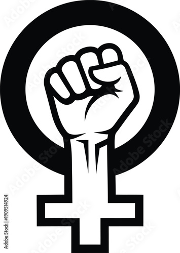 Feminist symbol with raised fist for women empowerment or protest isolated on checkered background