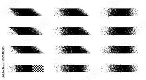 A collection of various black gradient shapes and patterns on a clean background viewed from directly above, with diverse textures and shading effects
