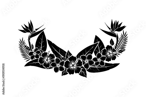 A black and white floral arrangement featuring tropical blooms and leaves