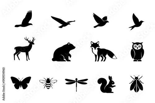 Silhouettes of various animals including birds mammals and insects