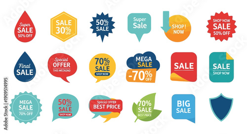 Collection of colorful sale labels and tags for promotional marketing campaigns