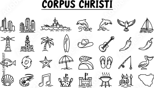 Corpus Christi Icons: Black  White Line Art of Cityscape, Lighthouse, Dolphins, Sailboat, and Local Symbols