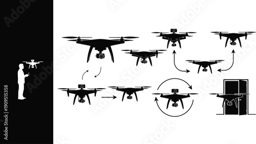 Autonomous Drone Delivery Navigation Vector Illustration UAV Flight Path Quadcopter Black and White Technology Process Diagram