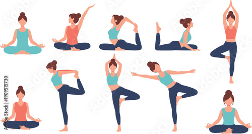 Vector illustration set of women practicing various yoga poses and meditation for health wellness and mindfulness lifestyle design themes