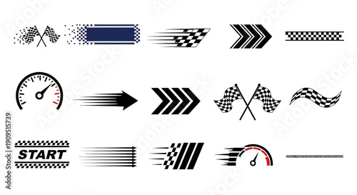 Vector illustration of racing elements including flags, arrows, and speedometer, symbolizing speed and motion in a dynamic composition.