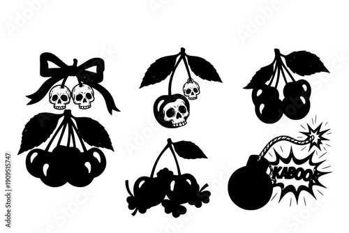 Retro cherry. Vintage red berry. Hand drawn fruit for print. Sketch cherries with ribbon, bow, skull, cherry bomb, explosion, lucky berries. Comic graphic element. Vector set
