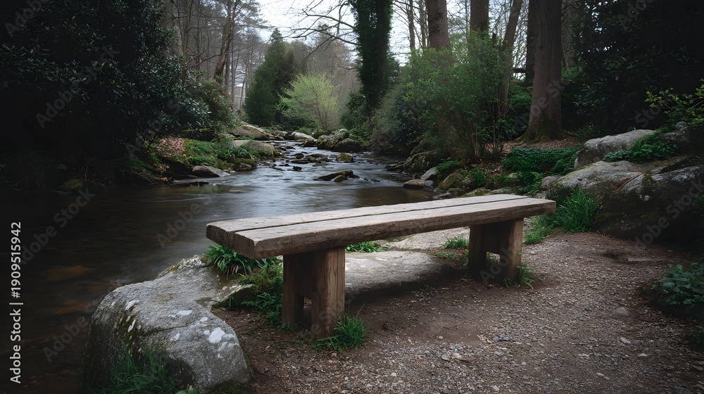 Naklejka premium A peaceful wooden bench beside a flowing stream in a serene forest environment
