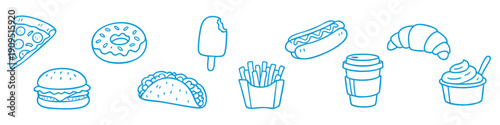 Doodle fast food and snack icons set featuring pizza, burger, donut, taco, coffee, and more in a hand-drawn line art style on a white background.